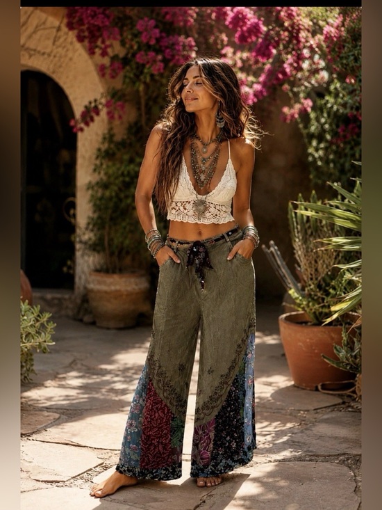 Young Threads Pants - H006 NWT Young Threads XL L w16-20 Boho Olive Wide-Leg Patchwork Pants